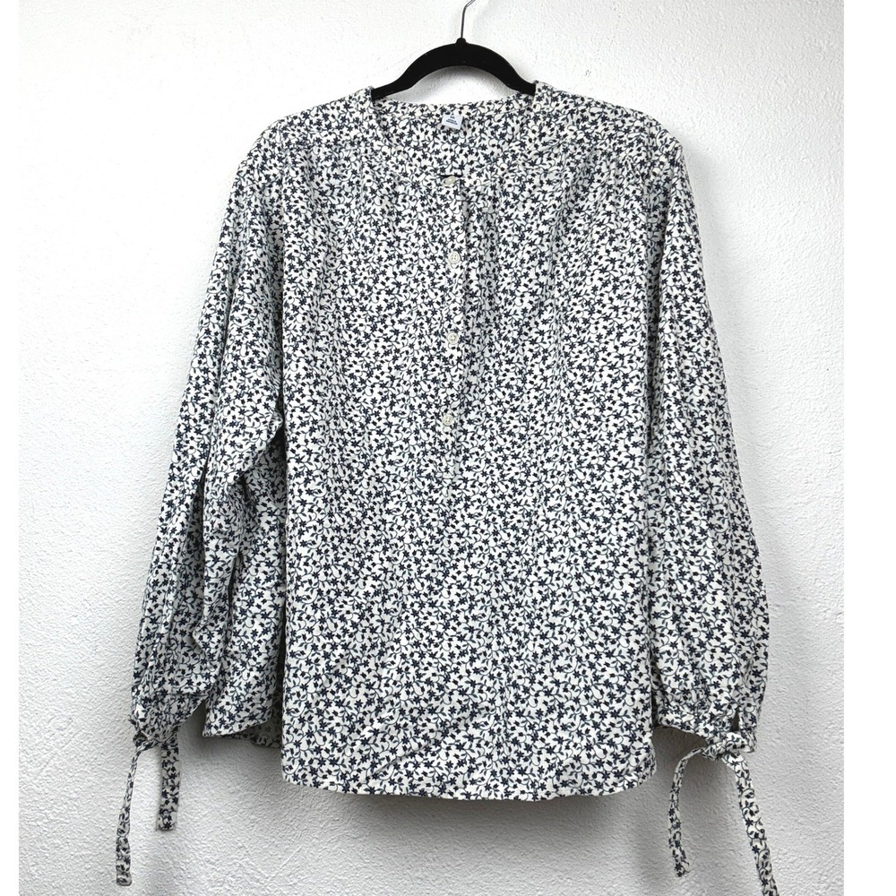 Old Navy White Floral Corduroy Blouse - XXL - Tie Cuff Button Up Cottagecore